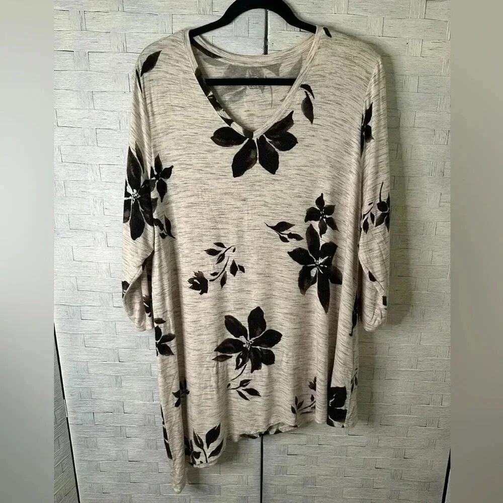 Soma Asymmetric Floral Tunic top‎ 3/4 sleeves cream & black Lagenlook bohemian